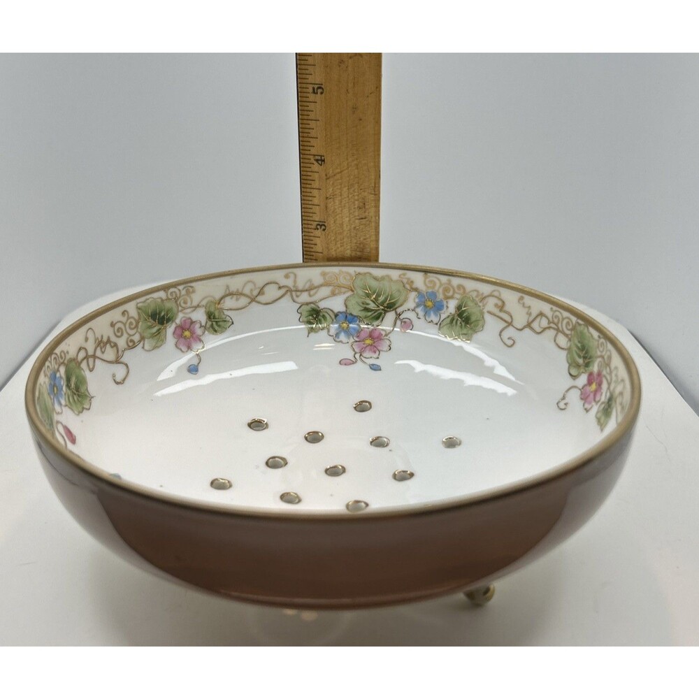 Nippon Hand‎ Painted Floral Berry Strainer Footed Gold Accents Vintage - Picture 7 of 8